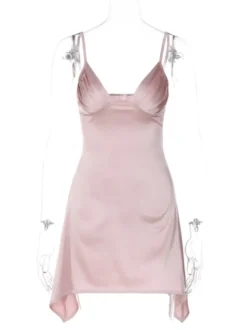 Robe D'été Sexy Col En V Plissé Dos Nu Rose Minirobe Robe De Plage
