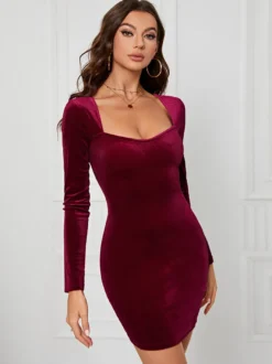 Robe en velours col en cœur manches longues sexy mini robes moulantes