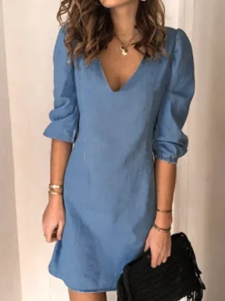 Robe Eté Courte Femme à Col Décolleté en V avec Manches Mi-longues Unicolore Robe Droite Robe de Plage