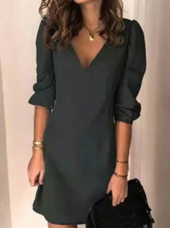 Robe Eté Courte Femme à Col Décolleté en V avec Manches Mi-longues Unicolore Robe Droite Robe de Plage