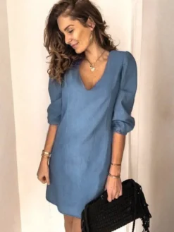Robe Eté Courte Femme à Col Décolleté en V avec Manches Mi-longues Unicolore Robe Droite Robe de Plage