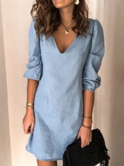 Robe Eté Courte Femme à Col Décolleté en V avec Manches Mi-longues Unicolore Robe Droite Robe de Plage