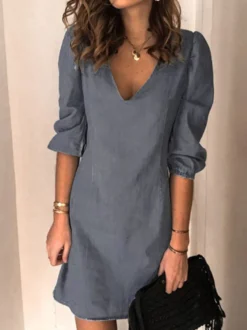 Robe Eté Courte Femme à Col Décolleté en V avec Manches Mi-longues Unicolore Robe Droite Robe de Plage