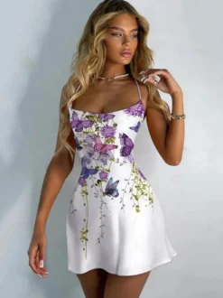 Robe Eté Courte Imprimé avec Bretelles Coupe Cintrée Bicolores