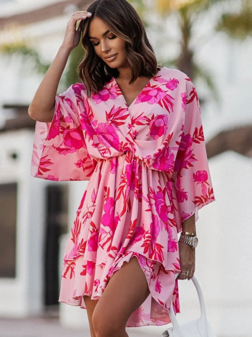 Robe Eté Courte Imprimé Femme avec Manches Courtes à Col V Coupe Cintrée