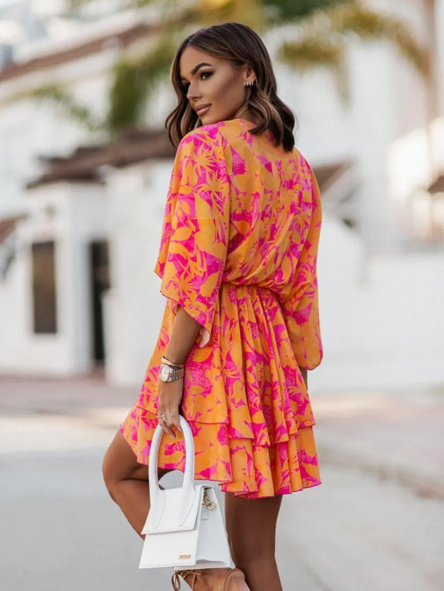 Robe Eté Courte Imprimé Femme avec Manches Courtes à Col V Coupe Cintrée