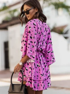 Robe Eté Courte Imprimé Femme avec Manches Courtes à Col V Coupe Cintrée
