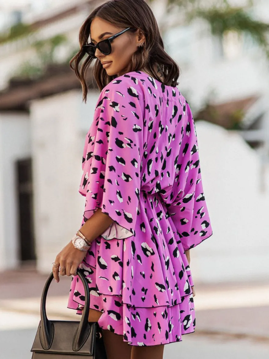 Robe Eté Courte Imprimé Femme avec Manches Courtes à Col V Coupe Cintrée