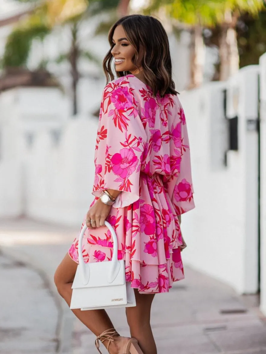 Robe Eté Courte Imprimé Femme avec Manches Courtes à Col V Coupe Cintrée