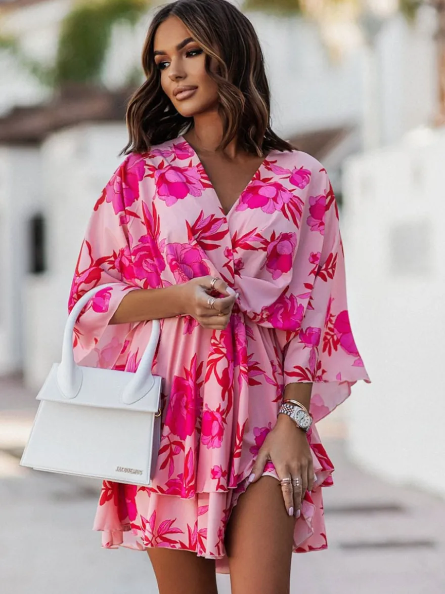Robe Eté Courte Imprimé Femme avec Manches Courtes à Col V Coupe Cintrée