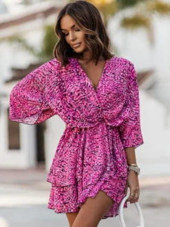 Robe Eté Courte Imprimé Femme avec Manches Courtes à Col V Coupe Cintrée