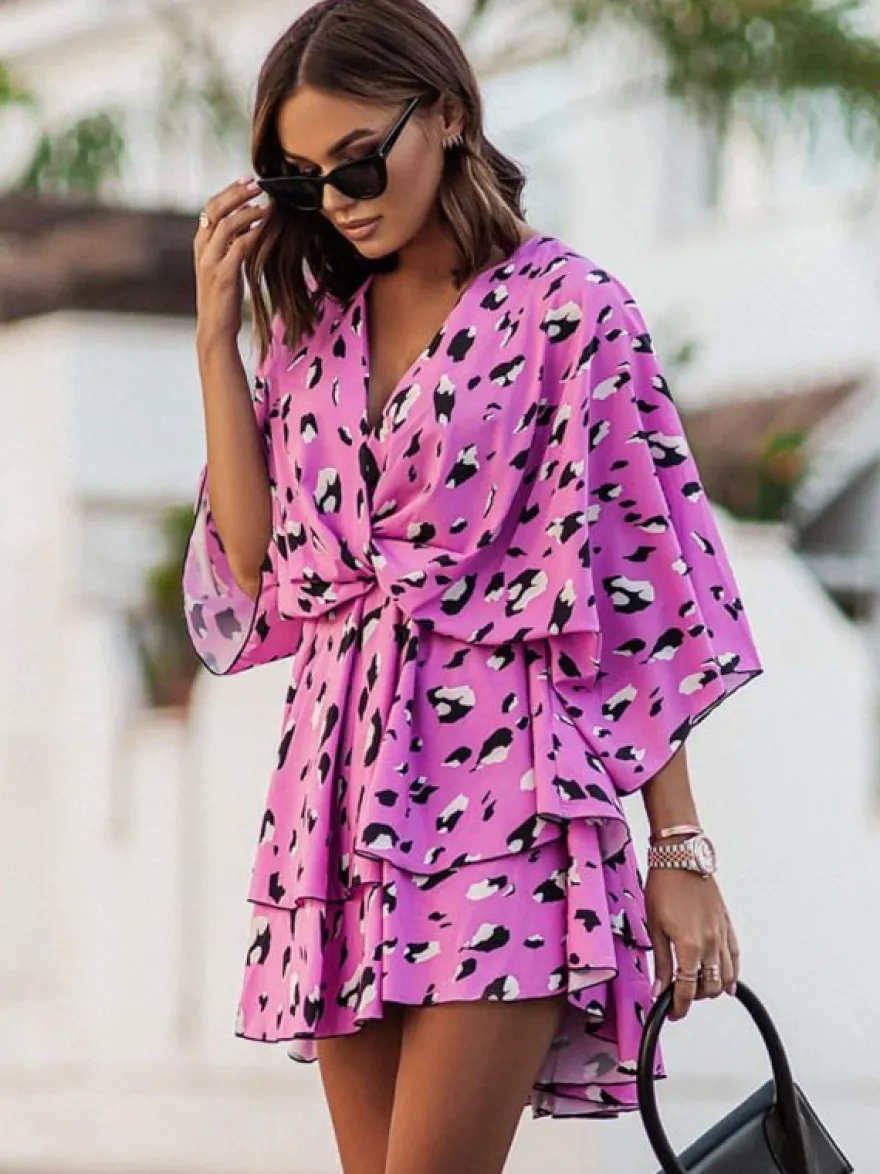 Robe Eté Courte Imprimé Femme avec Manches Courtes à Col V Coupe Cintrée