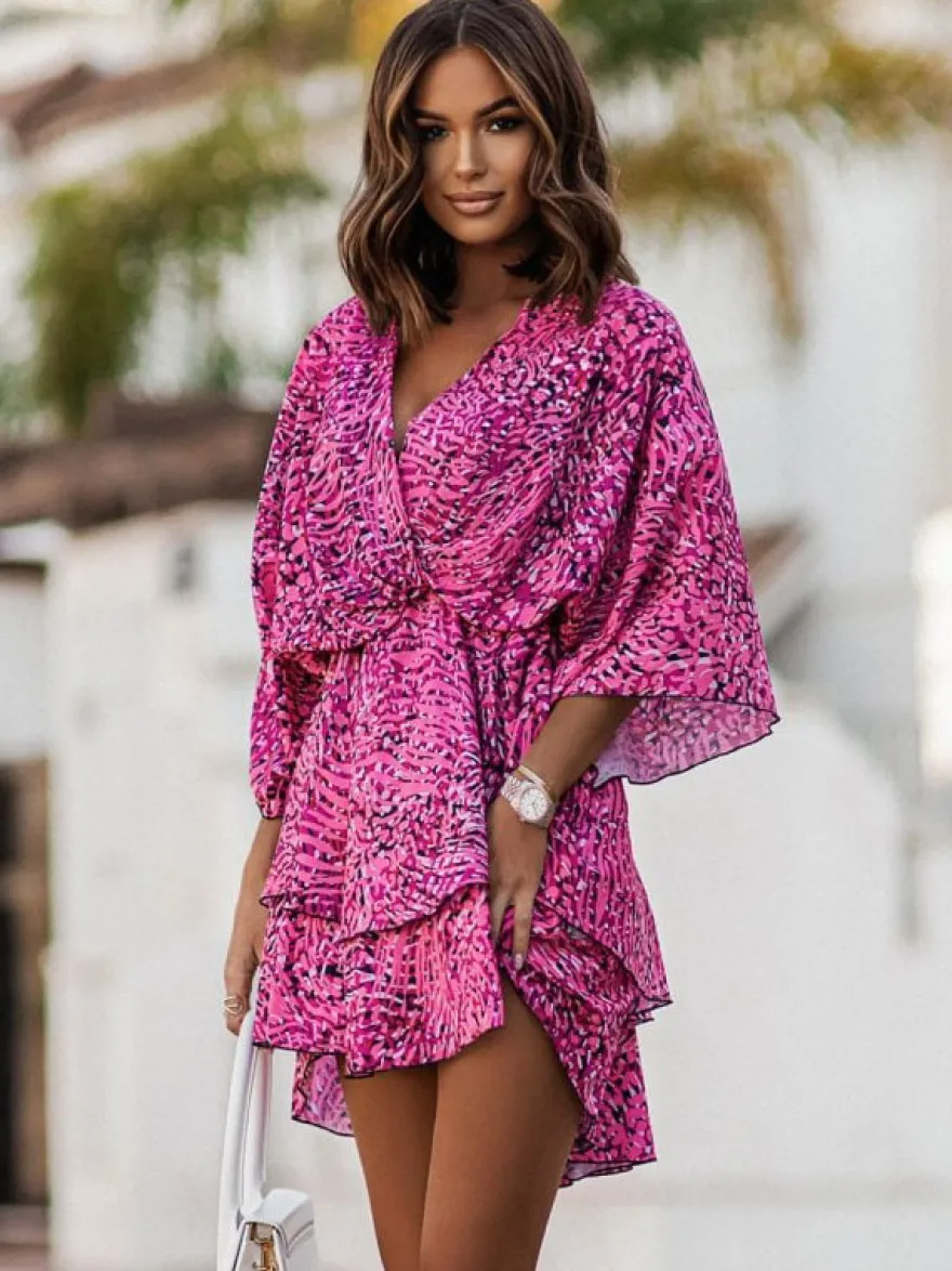Robe Eté Courte Imprimé Femme avec Manches Courtes à Col V Coupe Cintrée