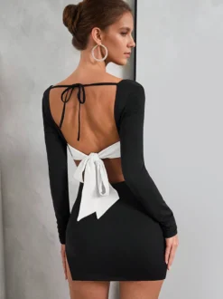 Robe fendue sur le côté en noir avec détail nœud manches longues bloc de couleurs mini robe moulante sexy pour femme 2026