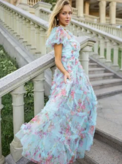 Robe Fleurie Bohème Manches Courtes Col Carré Couches Dos Nu Ceinture Automne