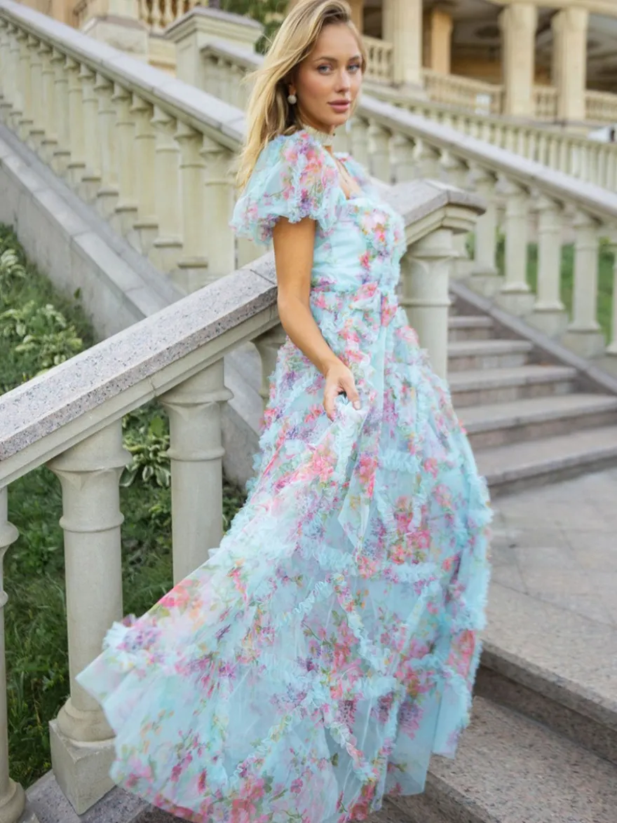 Robe Fleurie Bohème Manches Courtes Col Carré Couches Dos Nu Ceinture Automne