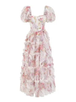Robe Fleurie Bohème Manches Courtes Col Carré Couches Dos Nu Ceinture Automne