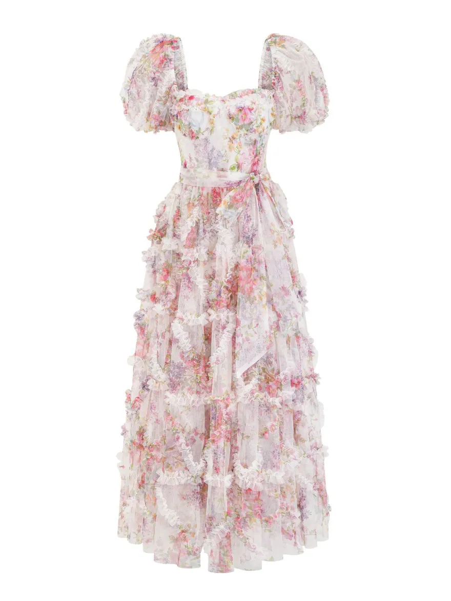 Robe Fleurie Bohème Manches Courtes Col Carré Couches Dos Nu Ceinture Automne