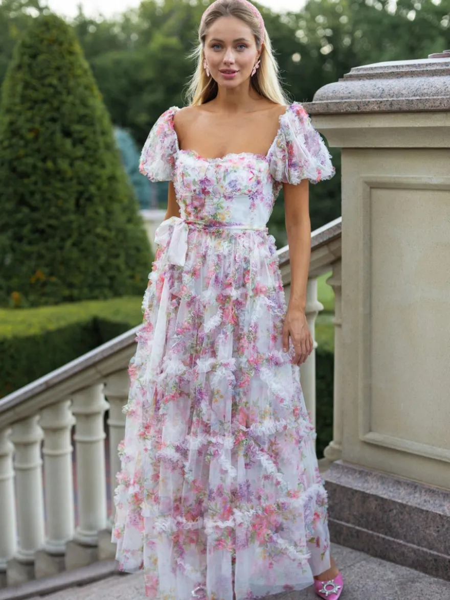 Robe Fleurie Bohème Manches Courtes Col Carré Couches Dos Nu Ceinture Automne