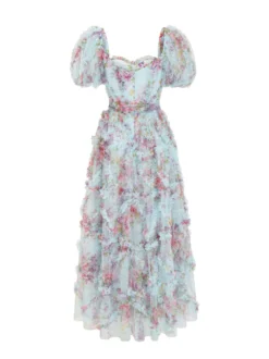 Robe Fleurie Bohème Manches Courtes Col Carré Couches Dos Nu Ceinture Automne