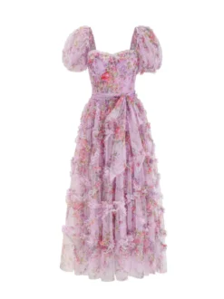 Robe Fleurie Bohème Manches Courtes Col Carré Couches Dos Nu Ceinture Automne