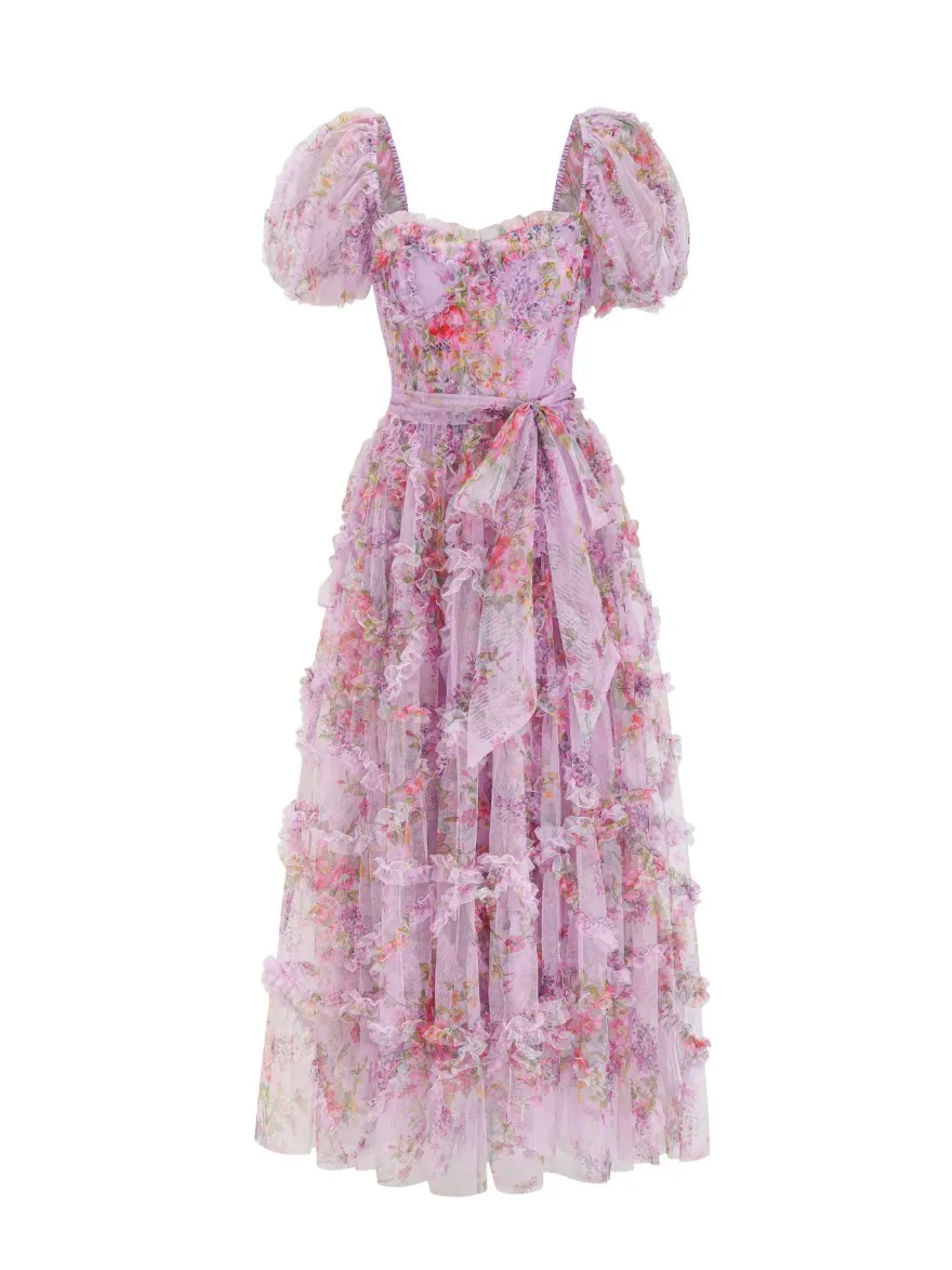 Robe Fleurie Bohème Manches Courtes Col Carré Couches Dos Nu Ceinture Automne