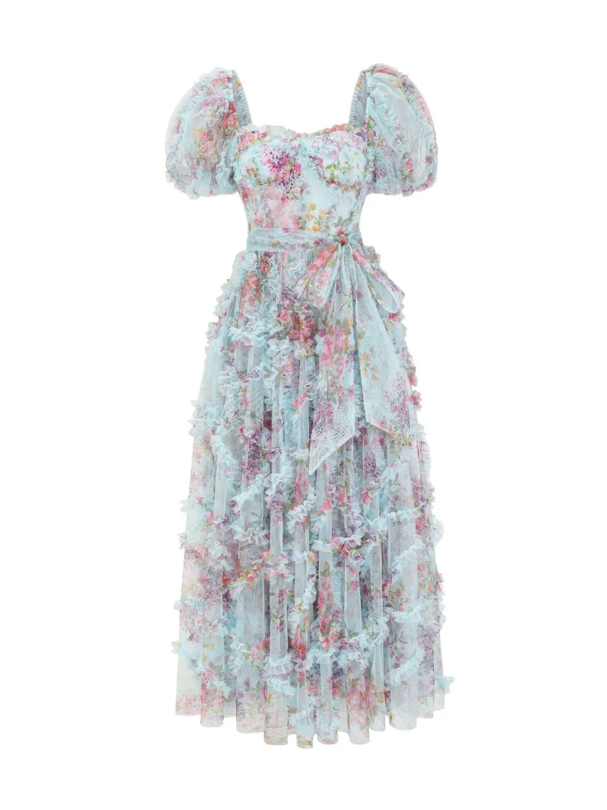 Robe Fleurie Bohème Manches Courtes Col Carré Couches Dos Nu Ceinture Automne