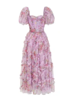 Robe Fleurie Bohème Manches Courtes Col Carré Couches Dos Nu Ceinture Automne