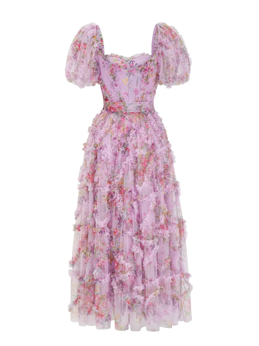 Robe Fleurie Bohème Manches Courtes Col Carré Couches Dos Nu Ceinture Automne
