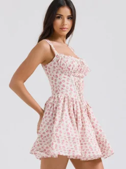 Robe Fleurie Courte Plissée Cintrée À Lacets Bretelles Élégant Automne