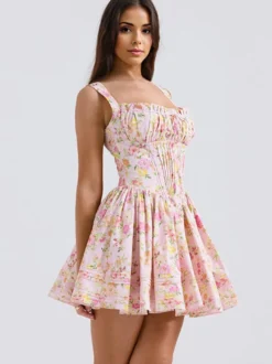 Robe Fleurie Courte Plissée Cintrée À Lacets Bretelles Élégant Automne