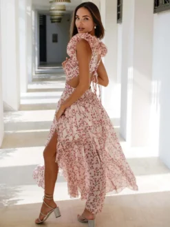 Robe fleurie fluide décolleté plongeant fente haute dos nu maxi robe bohème