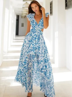 Robe fleurie fluide décolleté plongeant fente haute dos nu maxi robe bohème