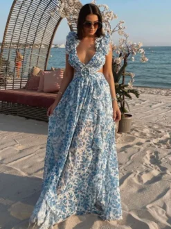 Robe fleurie fluide décolleté plongeant fente haute dos nu maxi robe bohème
