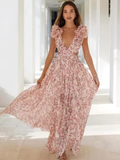 Robe fleurie fluide décolleté plongeant fente haute dos nu maxi robe bohème