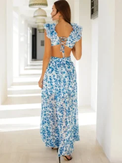 Robe fleurie fluide décolleté plongeant fente haute dos nu maxi robe bohème