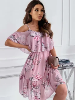Robe Fleurie Patineuse Courte Imprimé avec Bretelles avec Volants Coupe Cintrée Bas Evasée