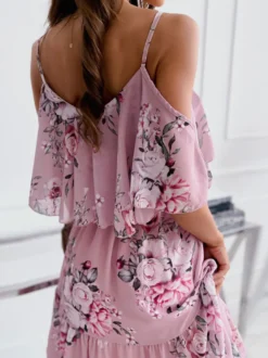 Robe Fleurie Patineuse Courte Imprimé avec Bretelles avec Volants Coupe Cintrée Bas Evasée