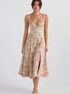 Robe fleurie Robe mi-longue Robes Imprimé floral Bretelles fendues Col Sans manches Cottagecore Été