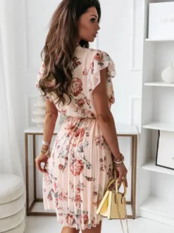 Robe Fleurie Été en Mousselines Courte Imprimée Femme à Col V avec Manches Courtes Volante Coupe Cintrée Elastique Bicolores