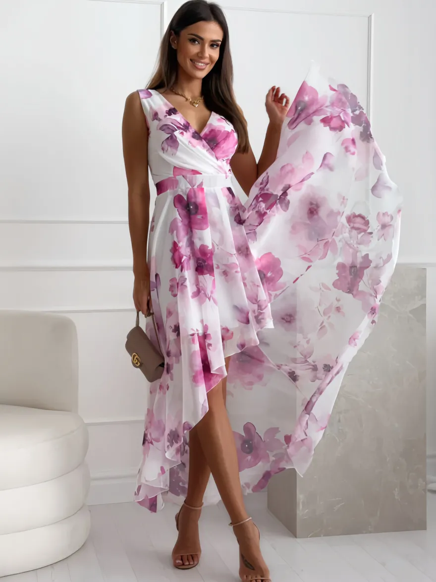 Robe À Fleurs Fleurie Sans Manches Noué Col En V Chic Bas Irrégulière