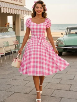 Robe Glamour rétro col en cœur manches bouffantes pois robes longues décontractées