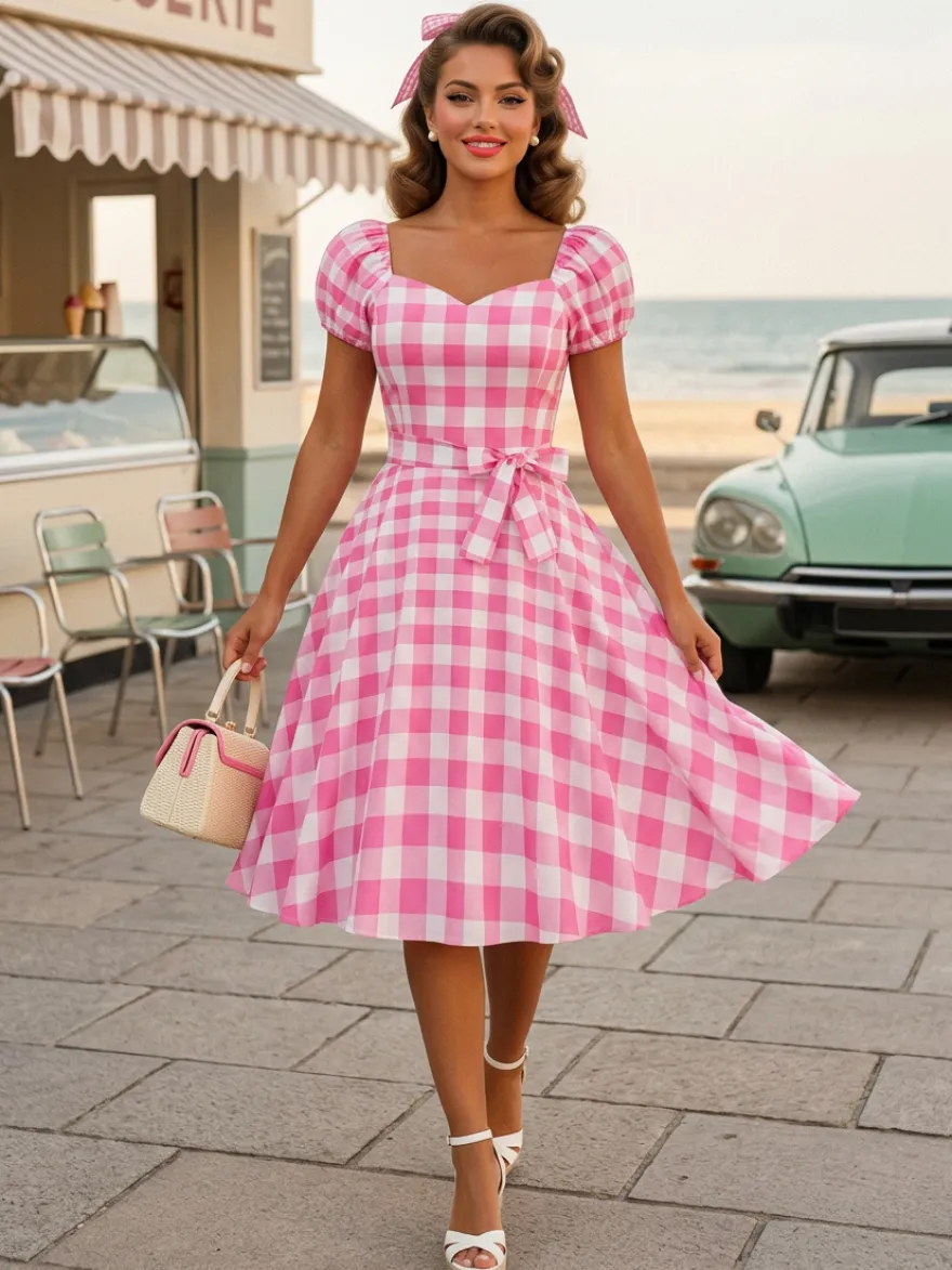 Robe Glamour rétro col en cœur manches bouffantes pois robes longues décontractées