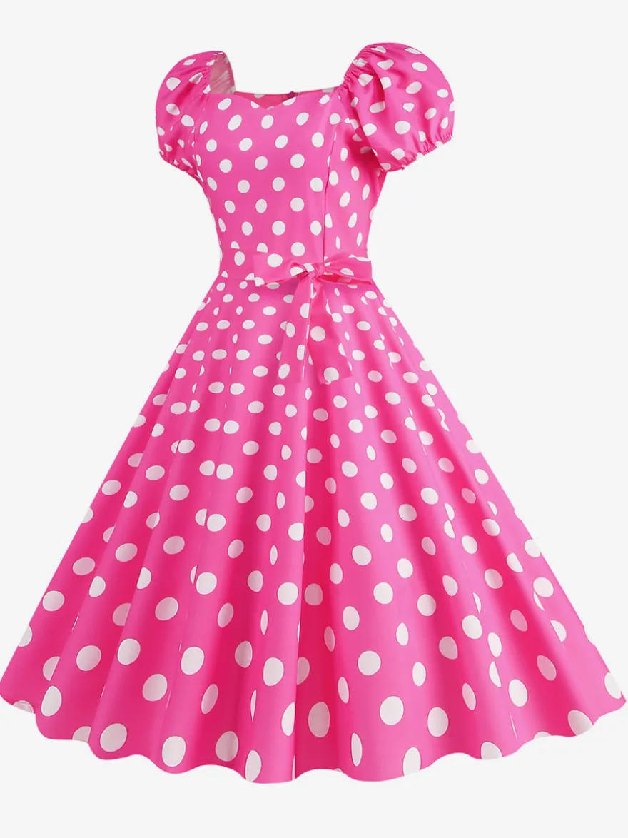 Robe Glamour rétro col en cœur manches bouffantes pois robes longues décontractées