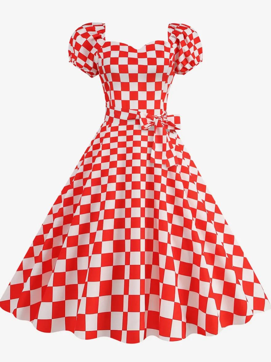 Robe Glamour rétro col en cœur manches bouffantes pois robes longues décontractées