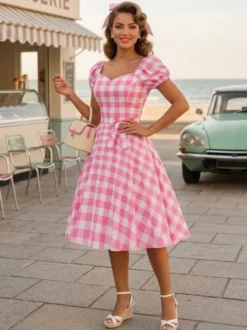 Robe Glamour rétro col en cœur manches bouffantes pois robes longues décontractées