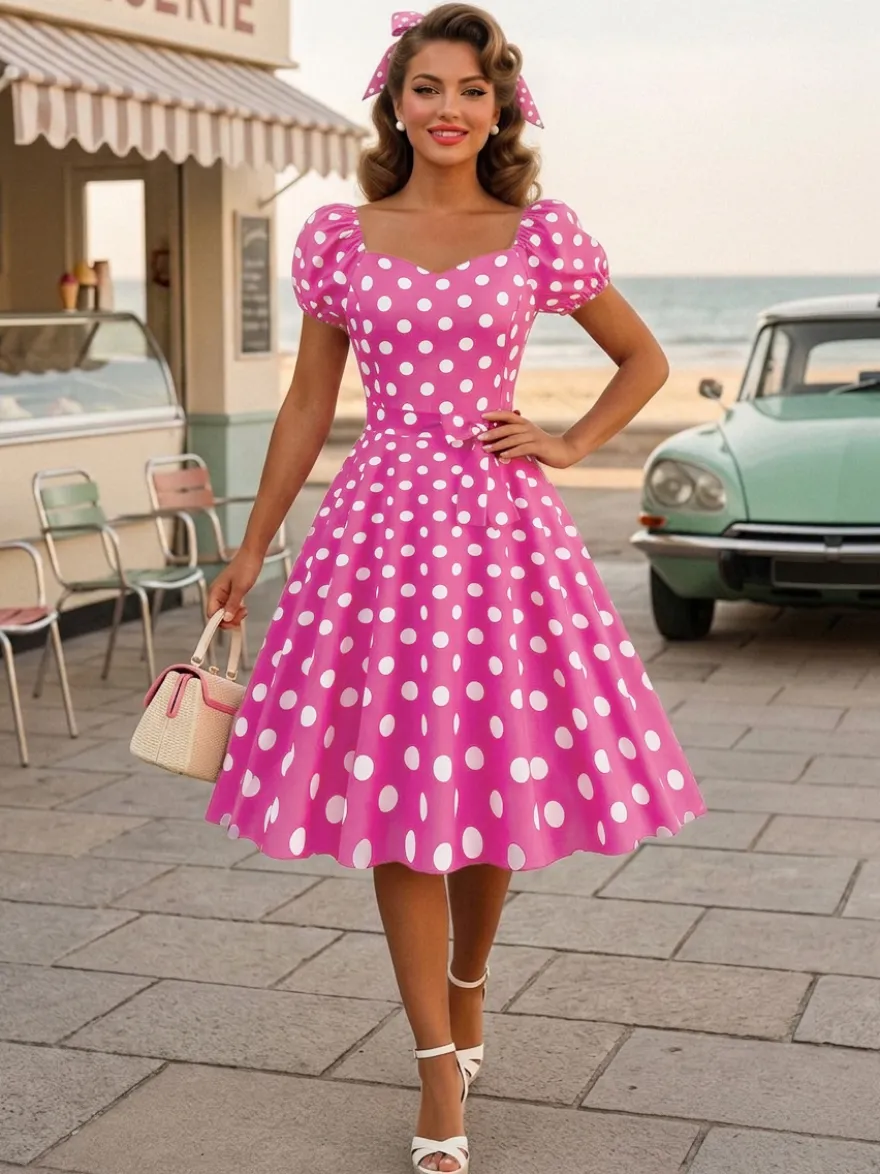 Robe Glamour rétro col en cœur manches bouffantes pois robes longues décontractées