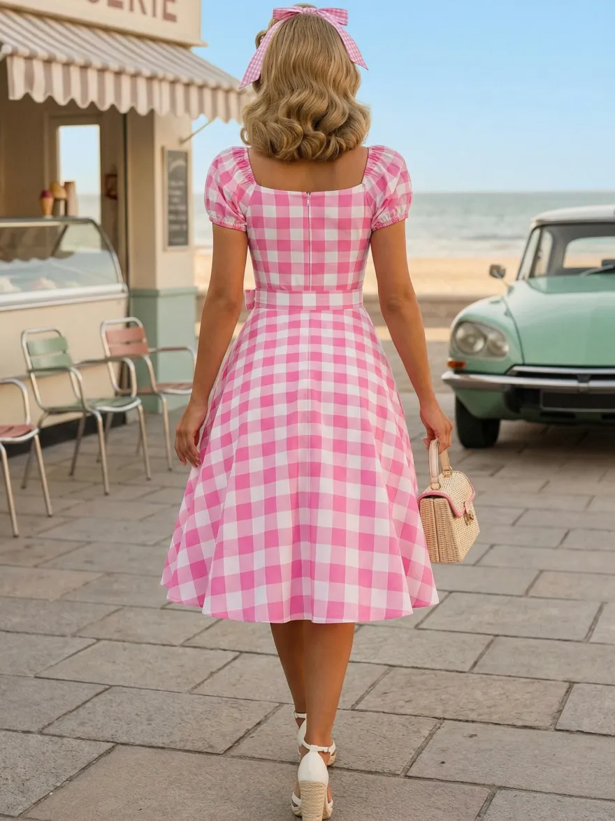 Robe Glamour rétro col en cœur manches bouffantes pois robes longues décontractées