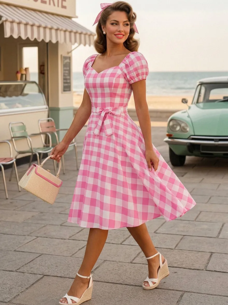 Robe Glamour rétro col en cœur manches bouffantes pois robes longues décontractées