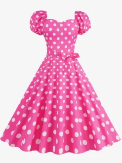 Robe Glamour rétro col en cœur manches bouffantes pois robes longues décontractées